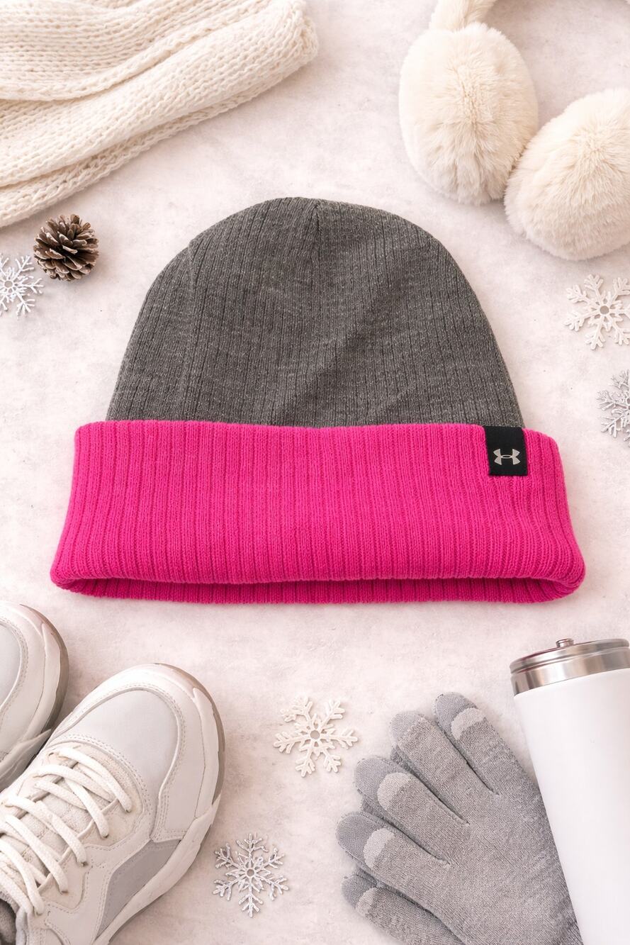 Under Armour Women's Ribbed Knit Reversible Beanie Hat Gray/Pink One Size